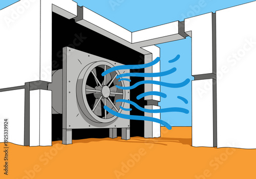 stylized illustration showcases a desert cooling vent tech system powerfully expelling air Clean lines and a bright modern design highlight efficient temperature control