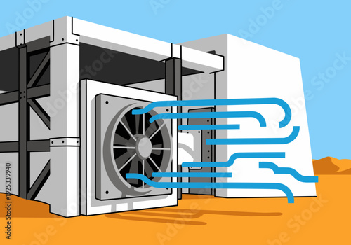 A stylized illustration showcases desert cooling vent tech, utilizing airflow to maintain a cool interior. Modern, graphic design, ideal for tech or sustainability concepts.