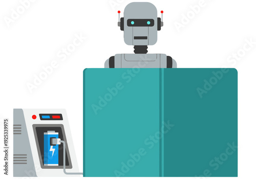 A stylized robot sits at a desk, charging with a battery. The design emphasizes a 'Work Life Limit' concept. Modern, flat illustration.