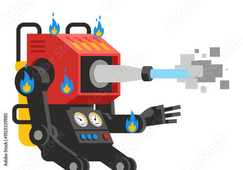 A stylized mechanical exoskeleton robot sprays water, symbolizing debris tech. Bold, graphic design with vibrant colors and a futuristic aesthetic.