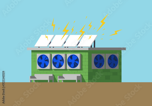 A vibrant illustration showcases a community solar hub utilizing solar cooling. Panels generate electricity, symbolized by lightning bolts, powering a cooling unit. Modern, clean design.