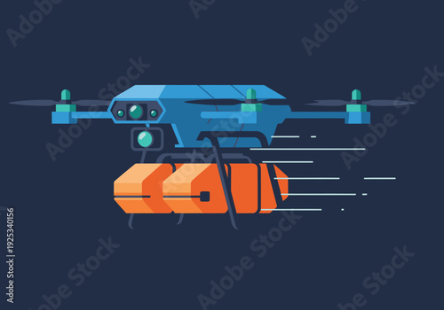 A vibrant, modern drone delivery system transports a package. Clean lines, bright colors, and a dynamic composition make this ideal for commercial use.