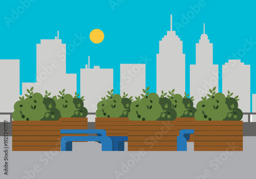 A vibrant urban garden hub features raised planters and benches against a city skyline. It?s a welcoming community space, perfect for lifestyle and urban design visuals.