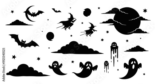 Halloween Silhouettes Collection with Ghosts Bats and Witches Flying.