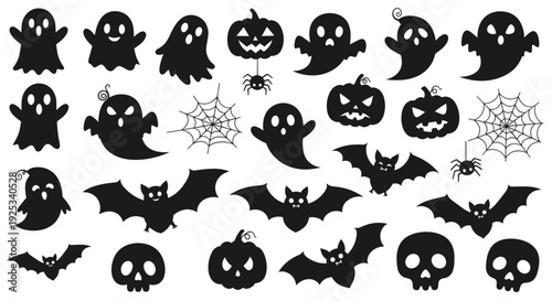 Halloween Silhouettes Collection Spooky Ghosts Bats Pumpkins Skulls Spiders Spiderwebs.