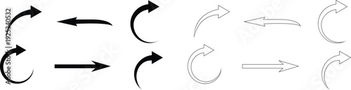 Black and outline arrow set with various curved and straight shapes isolated on transparent background for graphic design vector illustrations