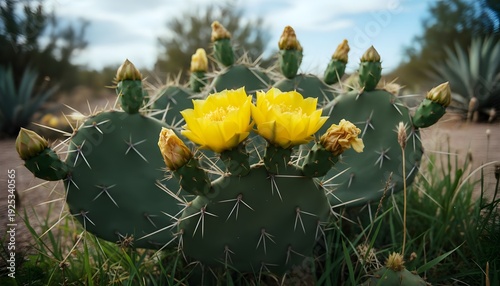 Prickly pear cactus with vibrant yellow flowers in desert landscape with green spines and blue sky background