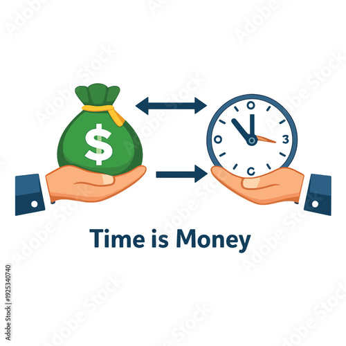 Financial exchange concept, clock and money bag on hands