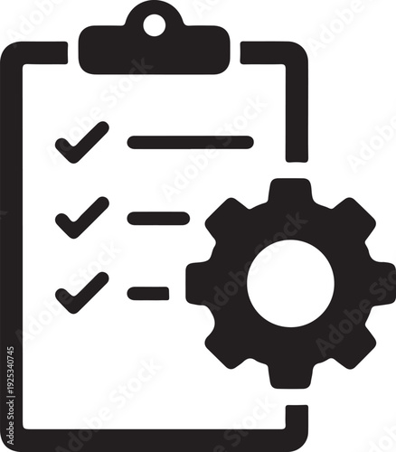 A checklist on a clipboard with a gear