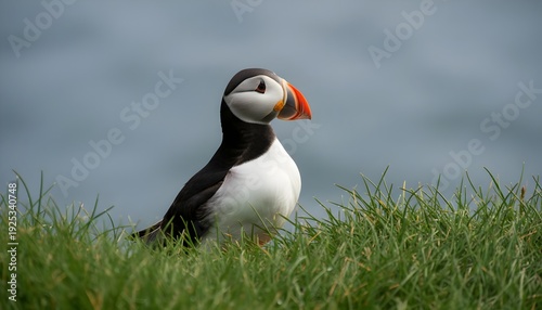 Puffin standing in green grass with water background looking alert and calm black and white feathers with bright orange beak