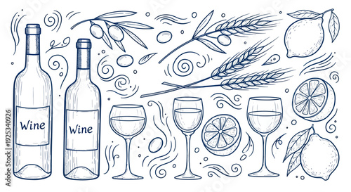 Hand Drawn Elements of Wine and Lemons with Wheat and Olives.