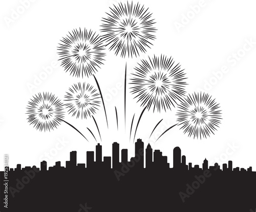 Spectacular fireworks illuminating the night sky above a city skyline, marking a joyous celebration. , Generative Ai