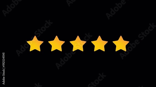 Animated 5 star rating increasing from one to five stars. Clean modern feedback UI animation isolated on transparent background with alpha channel. Perfect for reviews, apps, business and marketing