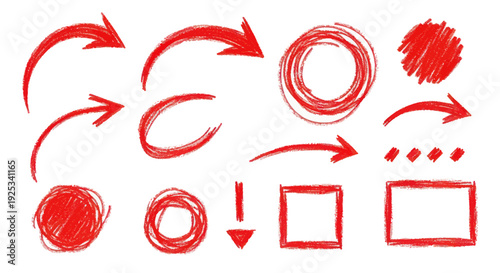 Hand drawn red marker elements including arrows circles and squares.