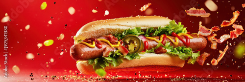 This striking image features flying hot dog ingredients against a vivid red backdrop. The dynamic composition beautifully captures the essence of culinary creativity in fast food art.