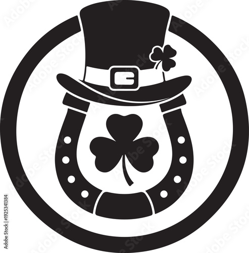 Lucky St. Patrick's Day horseshoe, leprechaun hat, and shamrock symbol in a circular frame, black and white graphic design. , Generative Ai