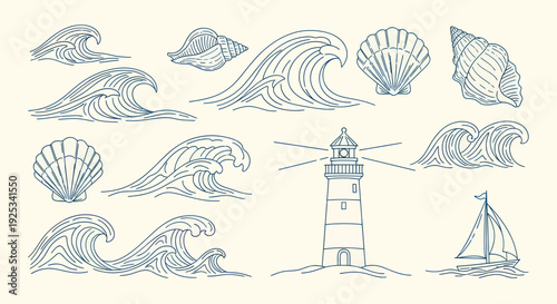 Hand-drawn collection of sea waves, seashells, lighthouse, and sailboat.