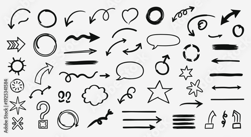 Hand-drawn doodle arrows and shapes collection for design elements.