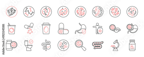 Lactobacilli icons set. Maintaining good digestive health with probiotics, enhancing immunity, and preventing infections with healthy food and medicine. eps 10