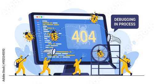 Debugging process illustration showing people fixing errors on a large computer screen displaying a 404 error message