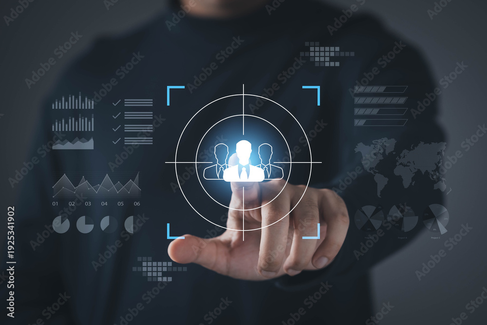 Naklejka premium Business target selection with digital human resources on virtual interface, data analytics, strategy dashboard, performance metrics, representing recruitment, talent management, corporate decision.