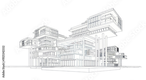 Modern Architectural Building Design Wireframe Sketch.