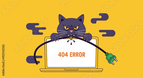 A cartoon cat emerges from a laptop screen displaying a 404 error message, shocked and frightened, with electrical cords and sparks surrounding it.