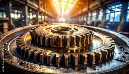 FlyPro Firefly Heavy unpolished bronze gears disengaged resting on dark greased metal plate symbolizing halted machinery det_673afb_1