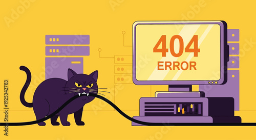 A curious cat unplugs an old computer displaying a 404 error screen, illustration, bright yellow background, front view