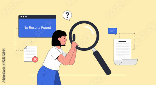 A woman searches for information with a magnifying glass and documents nearby indicating a search query with no results