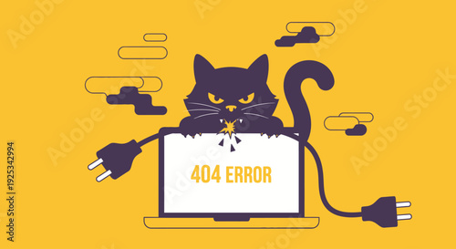 A cartoon cat is caught in a chaotic digital realm surrounded by error symbols on a vibrant yellow background
