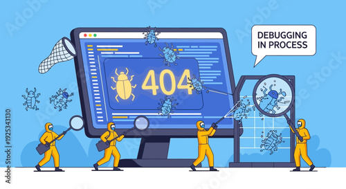 Debugging team examining error 404 on large computer screen during development process