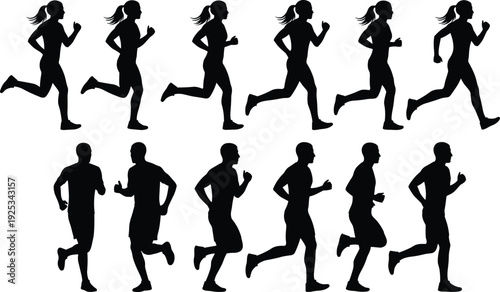 Running silhouette vector illustration set, fitness icons with male and female stride poses, stylish artwork, sports graphics, motion motifs