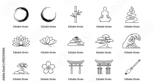 Collection of Zen Symbols and Icons in Line Art Style.