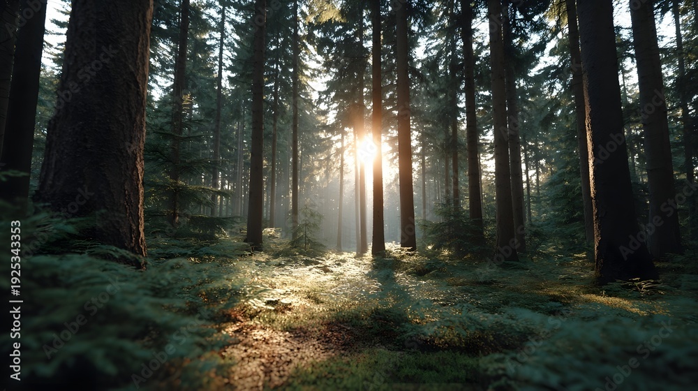 Obraz premium Sunlight filtering through tall trees in a serene forest clearing with mossy ground