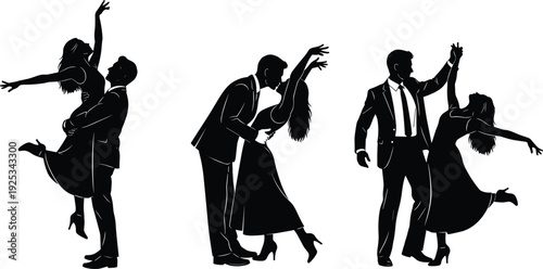 Black silhouettes of three dancing couples in formal attire on white background