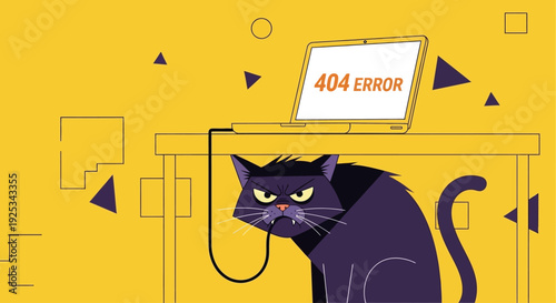 A cartoon black cat peers out from behind a desk with a 404 error sign on the screen in a bright yellow office environment