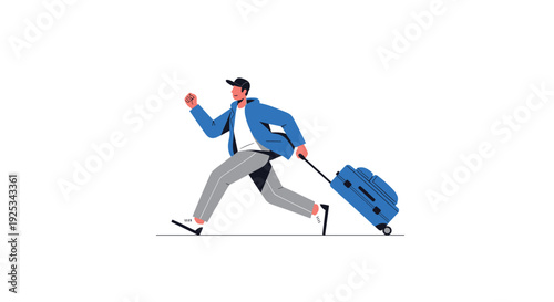 A man wearing a blue jacket and grey trousers runs quickly while pulling a blue wheeled suitcase across a white background with motion lines.