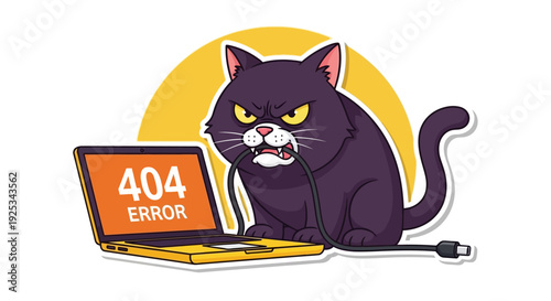 A black cat sits beside a laptop displaying a 404 error screen on a yellow background surface