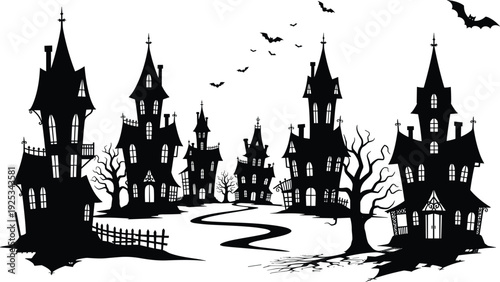 Spooky Halloween village silhouette vector illustration, haunted house artwork with bats and trees, decorative graphics, seasonal motifs