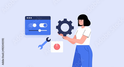 A woman holding a large gear, surrounded by digital interface elements and a wrench, symbolizing technology and maintenance