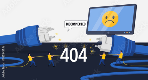 A disconnected cable illustration showing a sad face on a computer monitor, symbolizing a 404 error, from a front viewpoint.