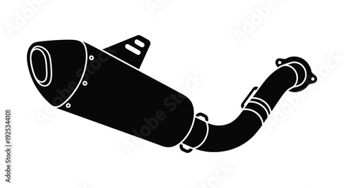 A detailed black silhouette illustration of a motorcycle exhaust system with prominent curves and piping silhouette high quality