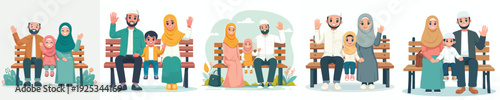 Muslim family vector sitting on park bench happily waving hands