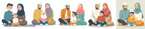 Muslim family vector sitting on the floor happily