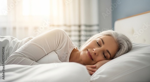 A serene woman peacefully sleeping in bed
