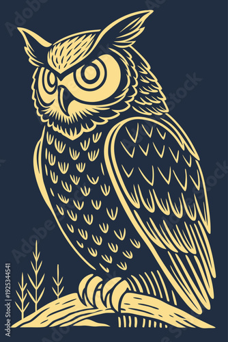 Great Horned Owl Branch Gold Navy Engraving Style Vector Illustration Dark Background