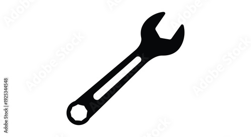 A stark black outline depicts a wrench a common tool used for gripping and turning silhouette high quality