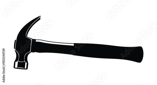 A stark black silhouette of a common claw hammer laying horizontally against a plain white background silhouette