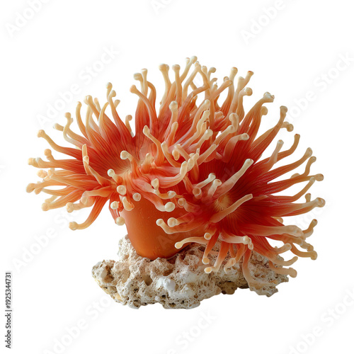 PNG of Vibrant orange sea anemone with flowing tentacles on coral base.